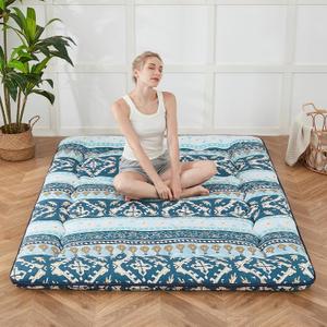 Zelladorra Japanese Floor Mattress, Futon Mattress with Portable Storage Bag and Washable Cover, Roll Up Thick Tatami Mat Suitable for Camping, Guest Room (Blue Striped Jacquard, Full)