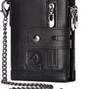 Mens Wallet with Chain Genuine Leather Purse RFID Blocking Bifold Double Zipper Coin Pocket with Anti-Theft Chain (Black)