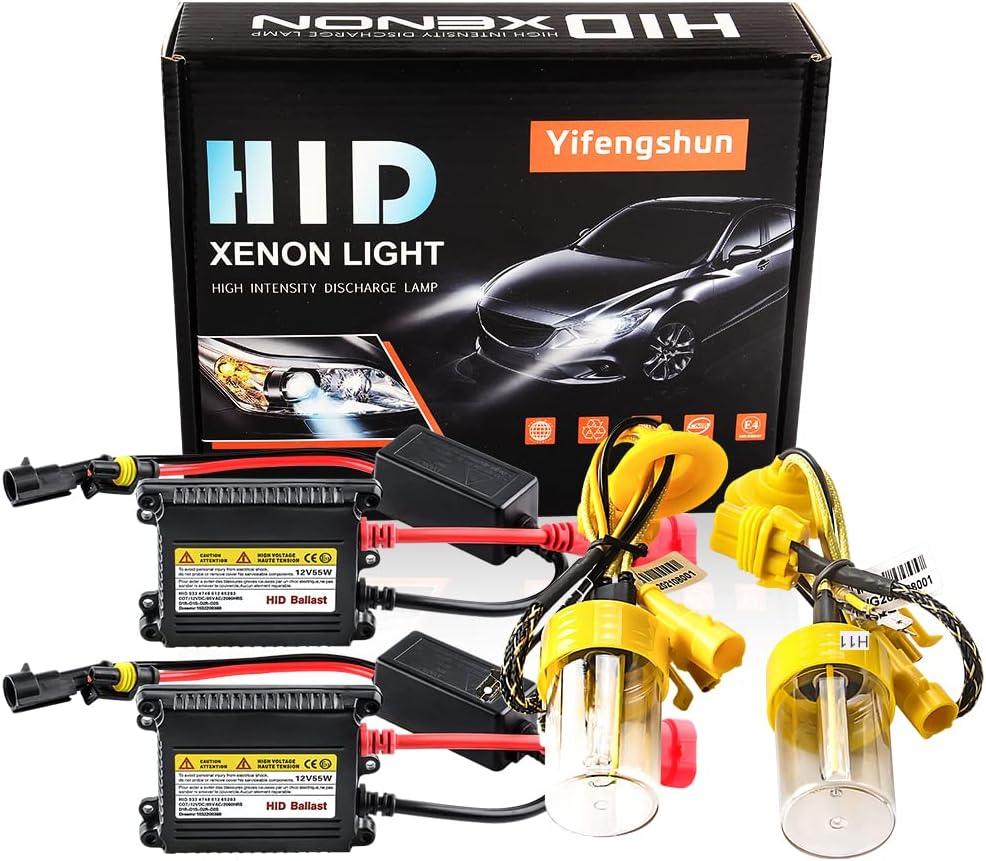 H11 HID Headlight Bulbs 6000K Xenon White with 55W DC Slim HID Ballast by Yifengshun Super Bright Xenon HID Light Bulb for Auto High / Low Beam (2 Xenon Bulbs + 2 Ballasts), H11 Kit