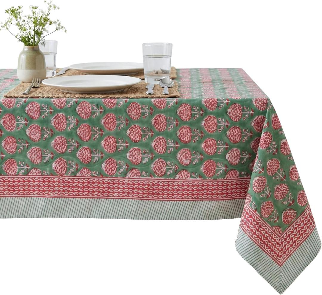 ATOSII Roma Green 100% Cotton Spring Summer Tablecloth, Handblock Print Rectangle Table Cover for Kitchen Dining Linen I Parties, Outdoors, Wedding, Easter Table Cloth I 72 X 108 Inches I 8 Seater