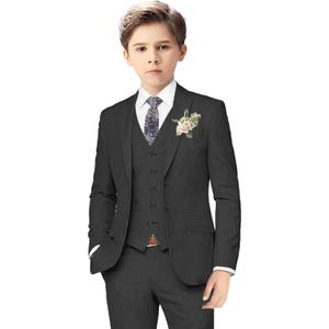 Boys Linen Suits for Kids Summer Slim Fit 3 Piece Beach Wedding Outfit Light Weight Tuxedo Linen Suit Set (16, Black)