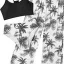 NECIOUS Girls Swimsuit, 3 Piece Bikini Bathing Suit Tropical Floral Swimwear with Cover Up Pants 7-16Y (13-14 Years, Black)