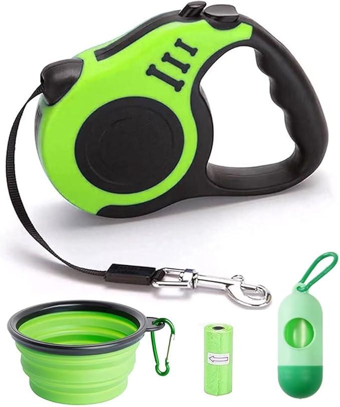 Retractable Green Dog Leash for Medium & Small Dogs & Cats - 16.5FT Tangle Free, Heavy Duty Walking Leash with Anti Slip Handle, Pause & Lock Strong Nylon Tape