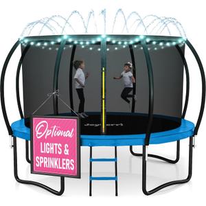 Trampoline Outdoor - ASTM Certified Safe, 14Ft Recreational Trampoline for Kids and Adults. Anti-Rust Coating with Enclosure Net, Ladder, Sprinkler & LED Lights (Blue)