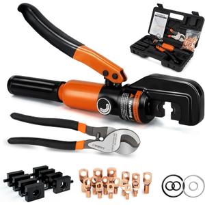 Sanuke Hydraulic Crimping Tool and Cable Cutter, 12 AWG to 2/0 AWG, 10 Tons Electrical Terminal Cable Crimper Tool Kit with 9 Die Sets and 40PCS Copper Wire Lugs