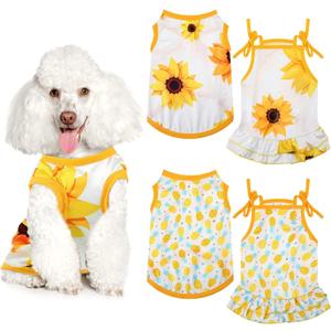 Frienda 4 Pieces Dog Clothes Set Include 2 Pcs Cute Pet Dress Lovely Dog Dress and 2 Pcs Breathable Pet T Shirt Puppy Clothes(Pineapple, Sunflower,X-Large)