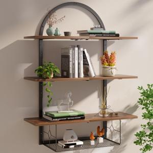 XLHOMO Floating Shelf for Wall- 31.5"x 24" 3+1 Tier Floating Shelves with Basket for Bathroom, Living Room, Bedroom and Kitchen Rustic Brown