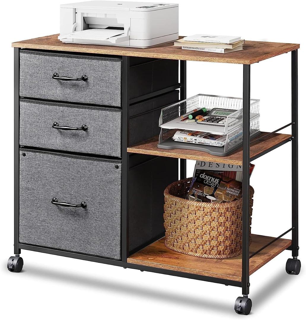 DEVAISE 3 Drawer Mobile File Cabinet, Rolling Printer Stand with Open Storage Shelf, Fabric Lateral Filing Cabinet fits A4 or Letter Size for Home Office, Rustic Brown