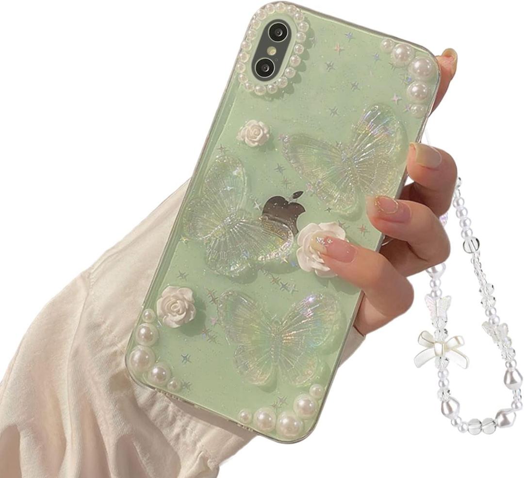 Fycyko Compatible with iPhone X/XS 3D Butterfly Floral Clear with Design Aesthetic Women Teen Girls Glitter Pretty Crystal Sparkle Sparkly Cute Girly Phone Cases Protective Cover+Chain-Clear
