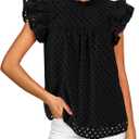 BTFBM Casual Summer Tops for Women 2026 Short Ruffle Sleeves Shirts Crew Neck Hollow Out Lace Embroidered Blouses Black, Medium