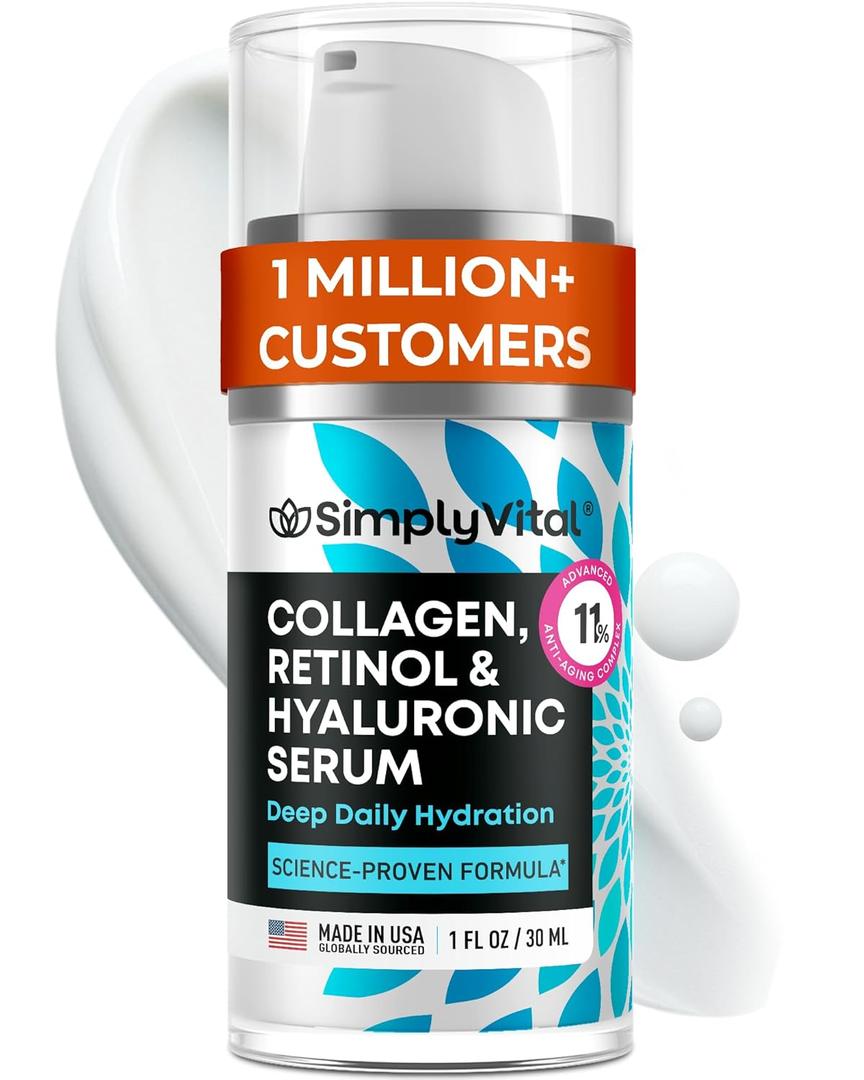 SimplyVital Collagen, Retinol & Hyaluronic Acid Serum - Anti-Aging Moisturizer for Face, Neck & Dcollet - Made in USA, Deep Moisturizing Skin Care Complex - Hydrating Facial Serum for Women, 1 fl.oz