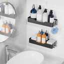 Adhesive Shower Caddy, 2 Pack Bathroom Shelves for Inside Shower, Rustproof No Drilling Shower Organizer with 4 Hooks and Anti-Fog Mirror, Black