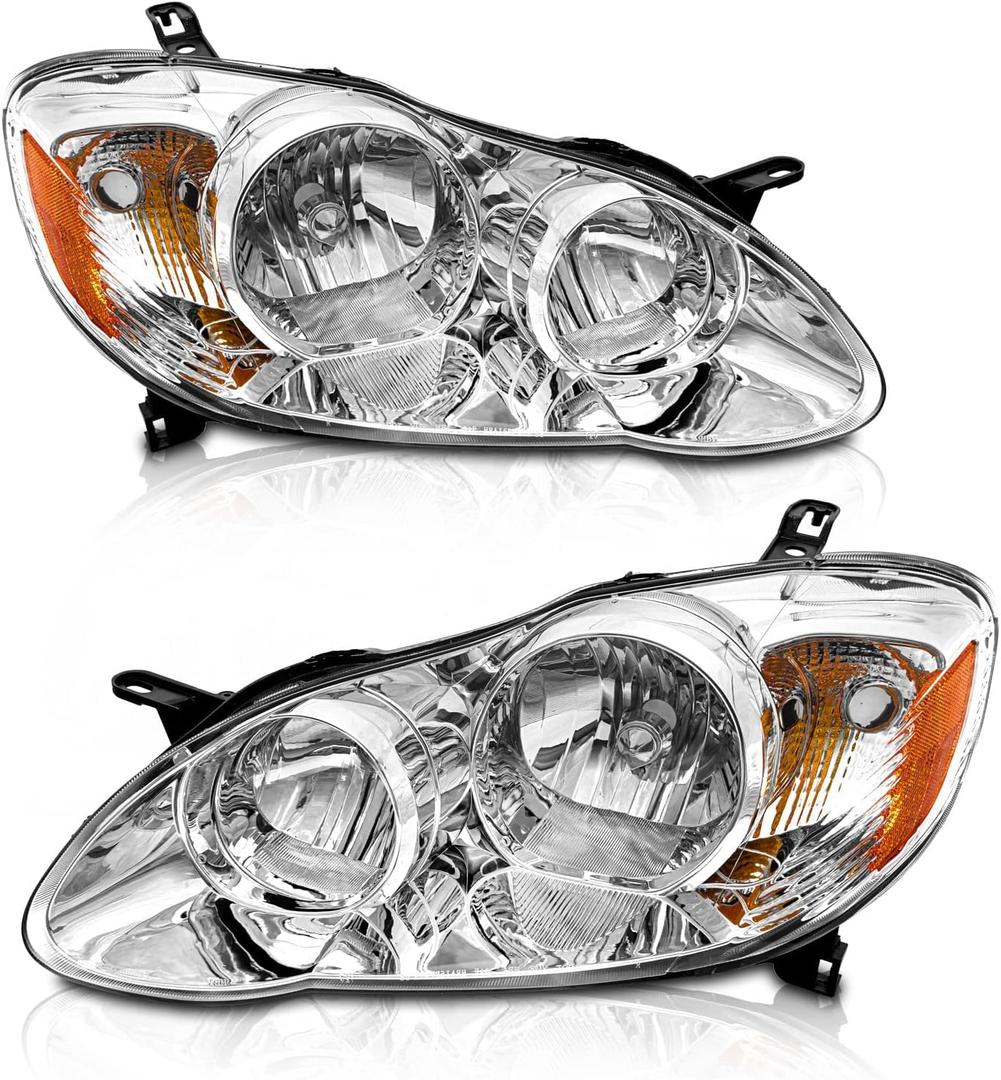 for 2003-2008 Toyota Corolla Headlights Assembly Compatible with 2003 2004 2005 2006 2007 2008 Toyota Corolla Chrome Housing Amber Reflector Replacement Pair Driver and Passenger Side