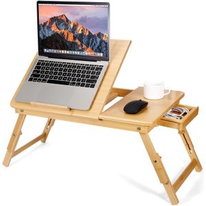 Bamboo Laptop Desk for Bed, Foldable Laptop Bed Desk Adjustable Height, Laptop Bed Stand Table with Tilting Top and Drawer