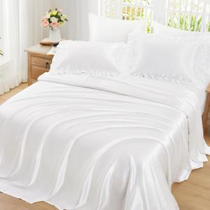 Homiest Ruffled Satin Sheets Queen Size 6pc Set - White Bed Sheet Set with 15 Inch Deep Pocket Fitted Sheet, 1 Flat Sheet, 2 Ruffled Pillow Shams & 2 Pillowcases, Similar to Silk Sheets