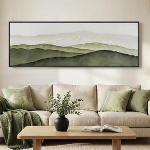 Large Framed Green Abstract Mountain Wall Art for Living Room, Long Narrow Modern Landscape Canvas Prints Paintings for Walls, Horizontal Nature Pictures Wall Decor for Bedroom Dinning Room, 20x60 In