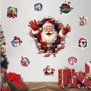 2 x Large 3D Santa Claus Christmas Wall Stickers,Snowman Gingerbread Man Reindeer Candy Vinyl Wall Decals, Removable Winter Holiday Xmas Break Through Wall Art for Kids Bedroom Playroom Decor