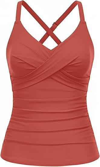 Women Tankini Bathing Suit Top - Twist Front V Neck Swim Top Only Cross Tummy Control Swimsuit 2025 M Brick Red