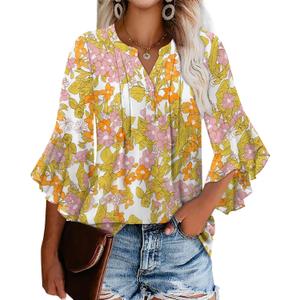 Angerella Womens 3/4 Sleeve Dressy Casual Top Trendy Shirts V Neck Business Work Chiffon Blouses (Small, Yellow Flower)