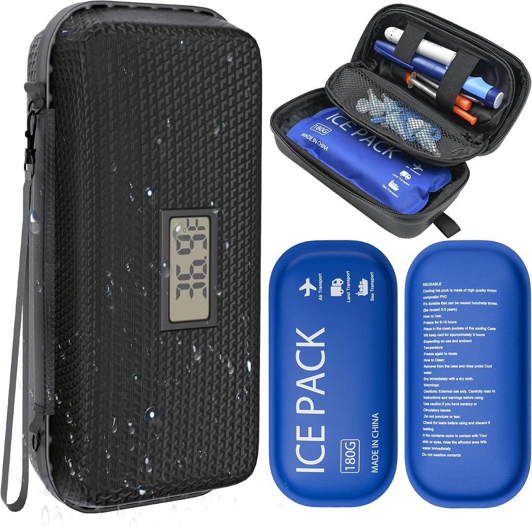 Insulin Cooler Travel Case TSA Approved Diabetic Medicine Cooling Bag with Digital Temperature Display, 2 Ice Pack (Black)