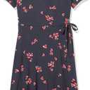 Amazon Essentials Women's Short Sleeve Faux-Wrap Dress (XX-Large, Navy Red Flowers)