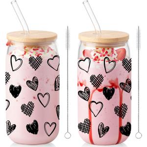 Sliner 2 Pcs Heart Glass Cups Iced Coffee Tumbler with Lid Straw 16 oz Drinking Glasses Cute Beer Can Tumbler Holiday Gifts for Home Office Decorations (Black)