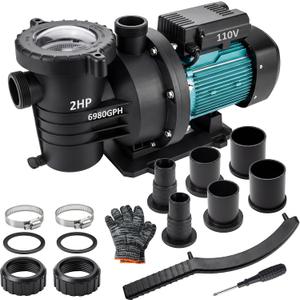 2HP Above Ground Pool Pump Inground, 6980GPH High Flow Powerful Self Priming Water Pool Pump, Heavy Duty Motor with 1.25-1.5'', 1.5'', 2.0'' Unions and Filter Basket