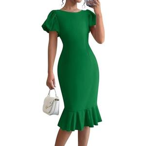 BTFBM Women Short Sleeve Bodycon Ruffle Mermaid Midi Dress | Crew Neck Elegant Classy Dresses For Formal Wedding Guest Cocktail Church, Work Business Casual Outfits, Spring Summer 2026, Green, Small
