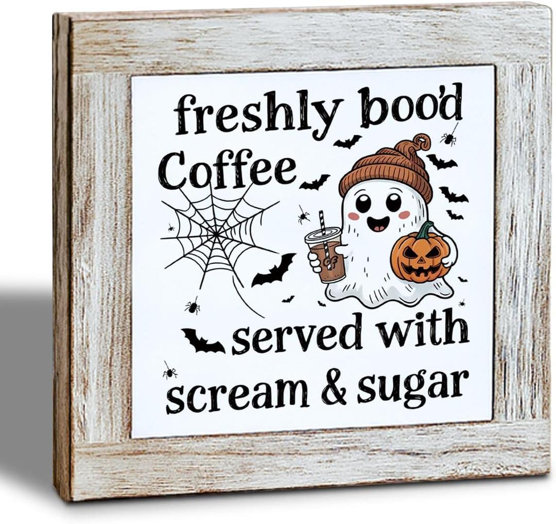 Halloween Coffee Decor, Fall Decors Art, Funny Wooden Box Sign for Home Kitchen Decor, Freshly Boo'd Coffee Sign, Coffees Bar Decoration for Desk Table, Funny Ghost Decors 5.9x5.9 inches