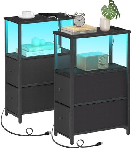 TUTOTAK Small Narrow LED End Table with Charging Station, Side Table Outlets, Nightstand with 2 Cloth Drawers, Set of 2, Couch Table, for Living Room, Bedroom, Bedside, Black TB01BK056