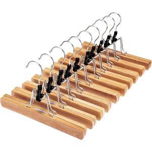 HOUSE DAY Wooden Pants Hangers 10 Pack, Non Slip Wood Skirt Hangers, Wood Clamp Hanger for Pants, Jeans, Slacks, with 360 Swivel Hook (Natural)