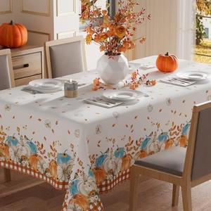 Pack of 5, XCHI Fall Pumpkin Maple Leaves Plaid Tablecloth Rectangle Washable Table Covers for Home Party Decorations 60x84 Inch
