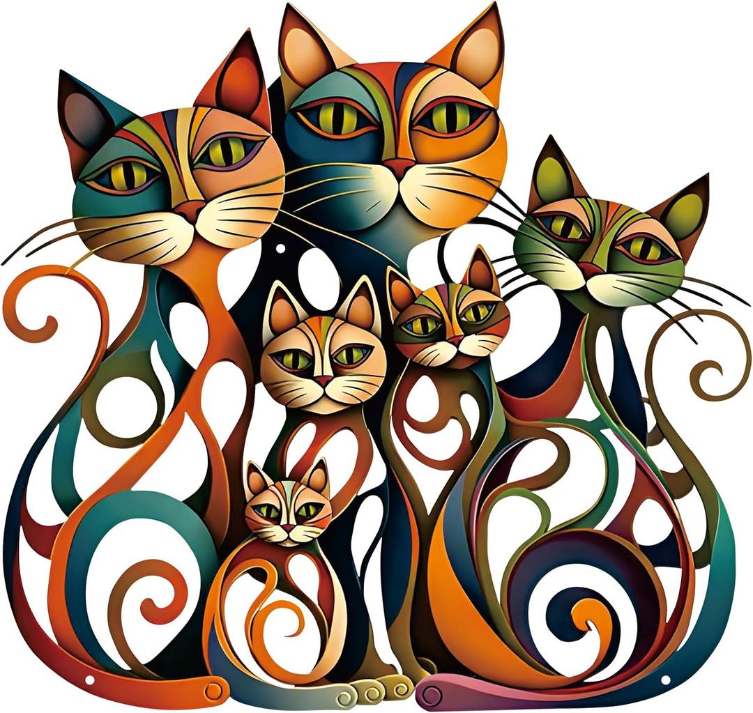 Wesiti Cat Wall Art Decor Iron Wall Sculptures Decor for Cats Lover 12.3 x 13 Inches Colorful Retro Mid Century Cat Signs for Home Living Room Bedroom Kitchen Office