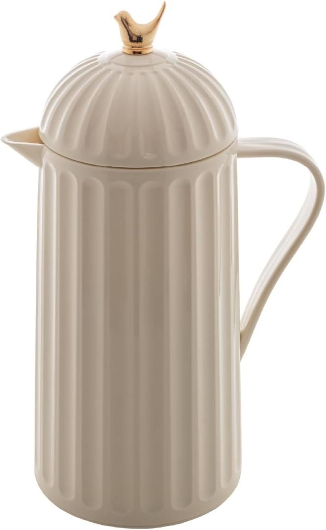 WOLFF 1 Liter White Bird Thermal Coffee Carafe, Plastic Exterior with Glass Lining Insulated Beverage Dispenser for Hot and Cold Drinks, Thermos Bottle for Tea, Water Pitcher - White, 34floz/1L