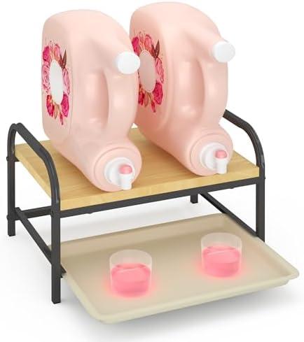 2-in-1 Laundry Detergent Holder & Organizer with Drip Tray, 2-Tier Metal Shelf for Countertop - Soap Dispenser & Storage Stand for Laundry Room, Kitchen, Bathroom, Black