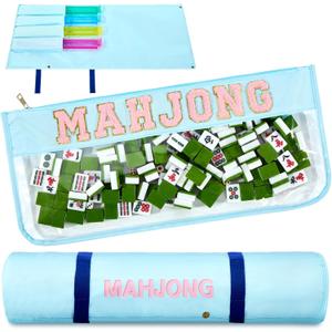 2 Pcs Mahjong Bags for Tiles and Racks Include Mahjong Tile Bag & Rack Bag, 37 Inch Protective Sleeve Tile Gift Accessory with Zipper & Letter for Mahj Pusher, Not Include Racks& Tiles(Blue)