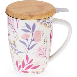 Pinky Up Bailey Ceramic Tea Mug and Loose Leaf Tea Infuser, Loose Leaf Tea Accessories, Tea Tumbler Cup, Botanical Design, 12oz