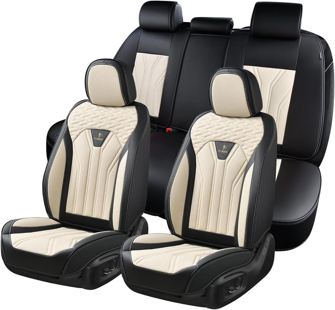 Leather Seat Covers, Seat Covers Full Set, Car Seat Protectors 5 Seats, Automotive Seat Covers Fit for Most Cars Trucks SUV- Black&Beige