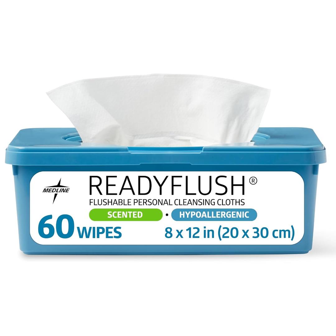 Medline ReadyFlush Flushable Wipes (60 Wipes per Tub), Scented, Biodegradable Flushable Incontinence Wet Wipes for Adults with Aloe, Hypoallergenic & pH-Balanced Personal Cleansing Cloths (1 Count (Pack of 60))