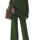 AOHITE Women's Knit Sweatsuit Turtleneck Sweater Top Wide Leg Pants 2 Piece Outfits Dark Green Large