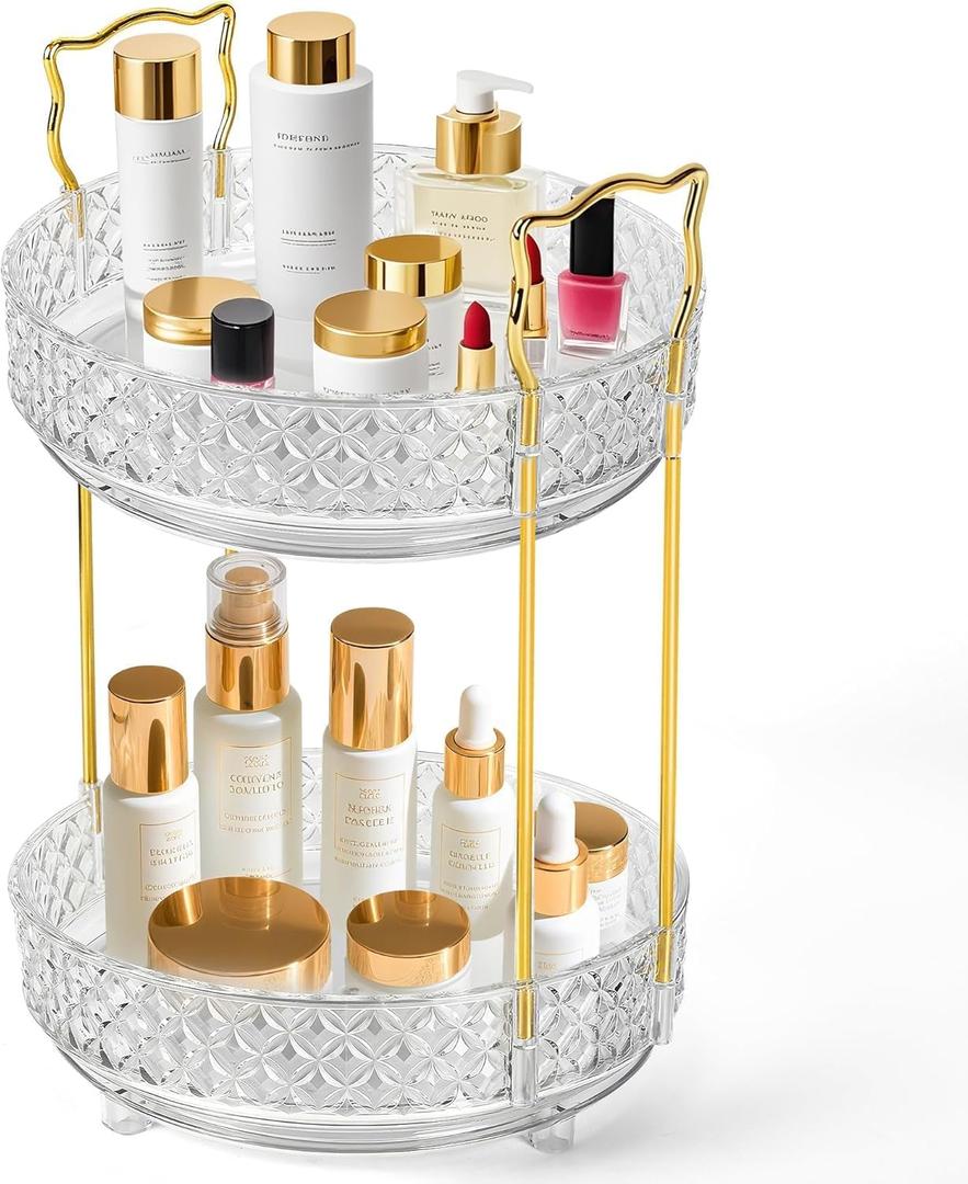 2 x 360 Rotating Makeup Organizer for Vanity, 2Tier Adjustable Perfume Organizer for Dresser, Multi-Function Spinning Cosmetics Skincare Storage for Bedroom, Dresser, Countertop, Clear