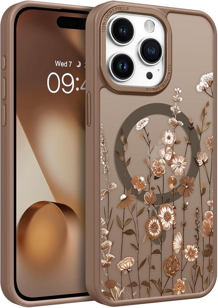 DOMAVER for iPhone 15 Pro Max Case, Magnetic Phone Case for iPhone 15 Pro Max [Compatible with MagSafe] Slim Fit Flowers Floral Design Shockproof Protective Bumper Women Men Girls Cover- Brown