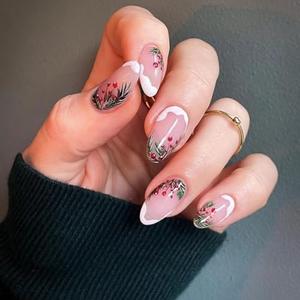 24 Pcs Christmas Press on Nails French Tip Medium Almond Fake Nails Holly Tree Pattern Designs Full Cover Pink False Nails Glossy Glue on Nails for Women ＆ Girls Artificial Nails, Set of 2