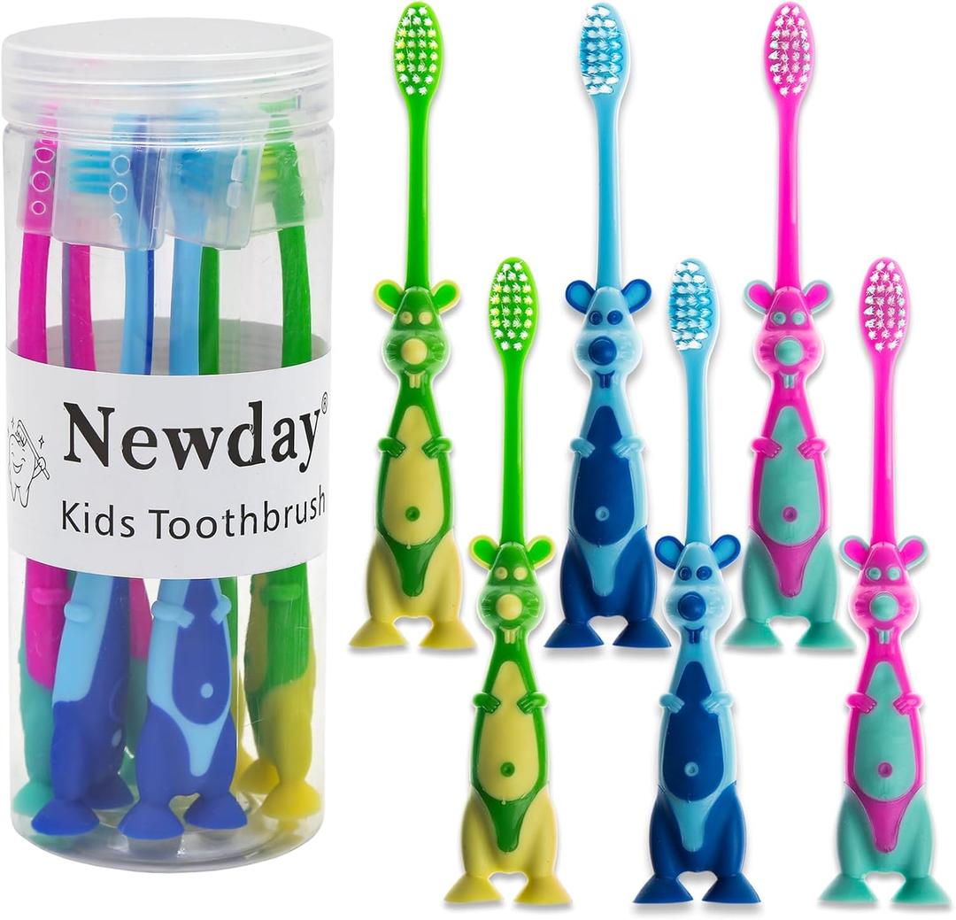 Newday Kids toothbrushes 6 Pack Set Soft Bristles Fun Lovely with Suction Cup, Includes Travel Covers, Animal toothbrushes for Kids Boys & Girls, Toddlers &Children Teeth (Blue Pink Green)