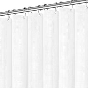 PANGSINNE White Shower Curtain 256GSM Weighted Waffle Water Repellent Heavy Duty Fabric, Machine Washable Hotel Quality Bathroom Shower Curtain Set with 12 Metal Hooks, 72Wx72H
