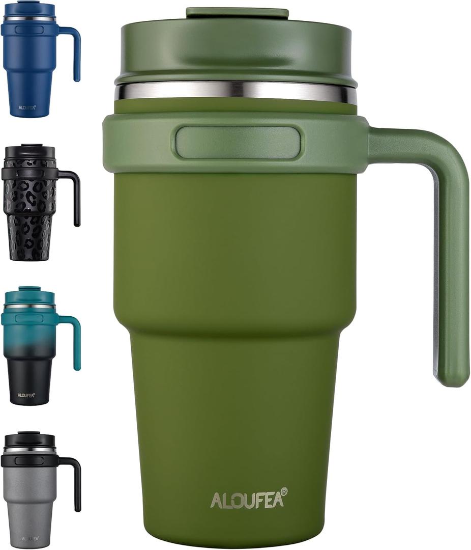 ALOUFEA 20 oz Insulated Coffee Mug Tumbler with Handle, Stainless Steel Travel Mug Tumbler with Lid and Straw, Double Wall Vacuum Leak Proof Ice Coffee Thermal Cup, Army Green