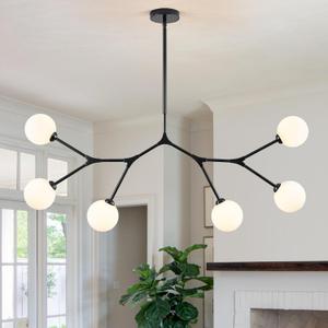 6 Lights Sputnik Chandelier for Dining Room L45 Black Modern Pendant Light Fixture with Milk Glass Shade Large Mid Century Chandeliers for Kitchen Island Living Room Foyer