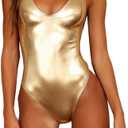 YAUASOPA Sexy Liquid Metallic Glitter One Piece Push Up Swimsuit Female Shiny Solid High Cut Beachwear (X-Large, Shiny Gold)