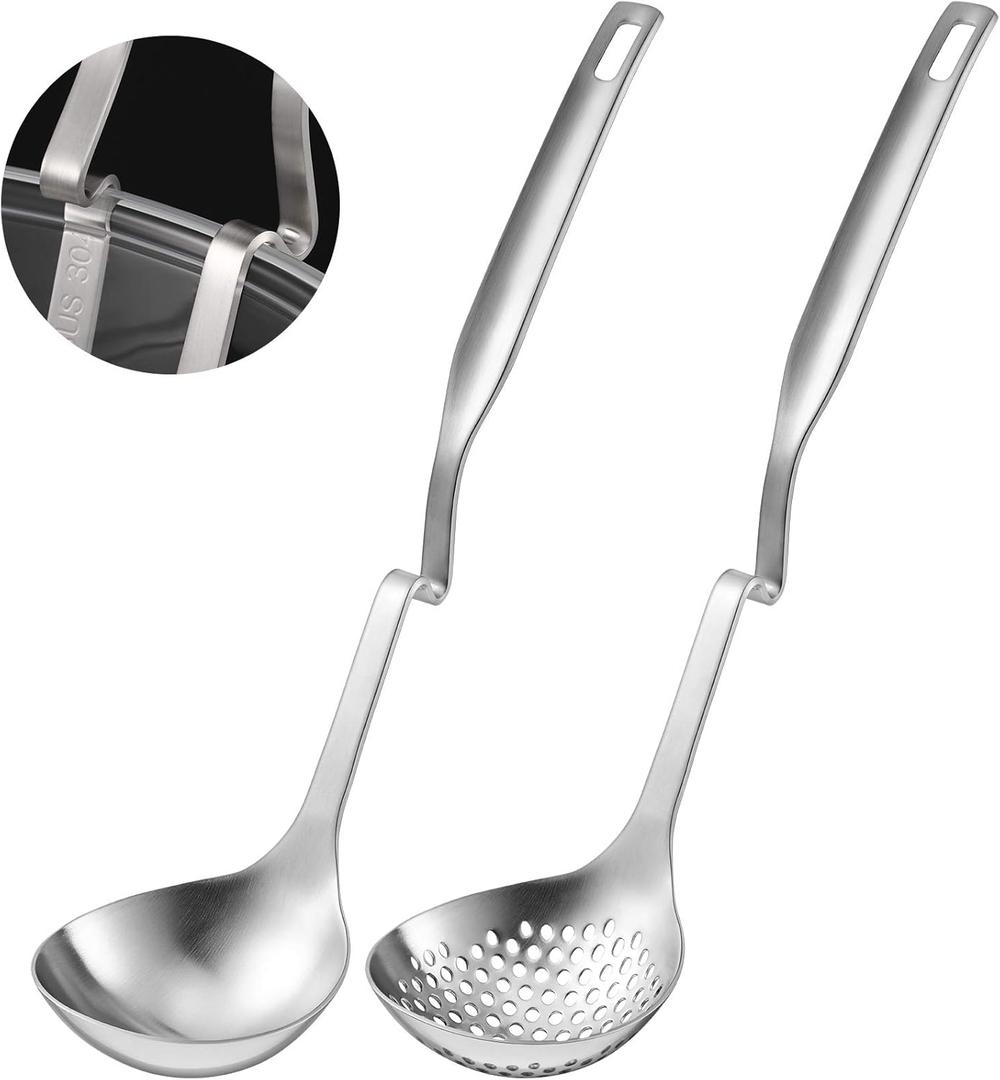 Patelai Hot Pot Slotted Ladle Set Stainless Steel Soup Ladle Strainer Scoops Cooking Skimmer Cookware Utensil for Hotpot Scooping Sauce Serving, 12 Inch(2 Pcs,Silver)