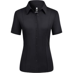 Button Down Shirts for Women Stretch Short Sleeve Dress Shirts for Women Collared Wrinkle Free Business Top Work Blouse (Black, M)